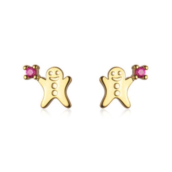 Sterling Silver Cute Gold Gingerbread Cookies Pink Rhinestones Holiday Stud Earr - Picture 4 of 5